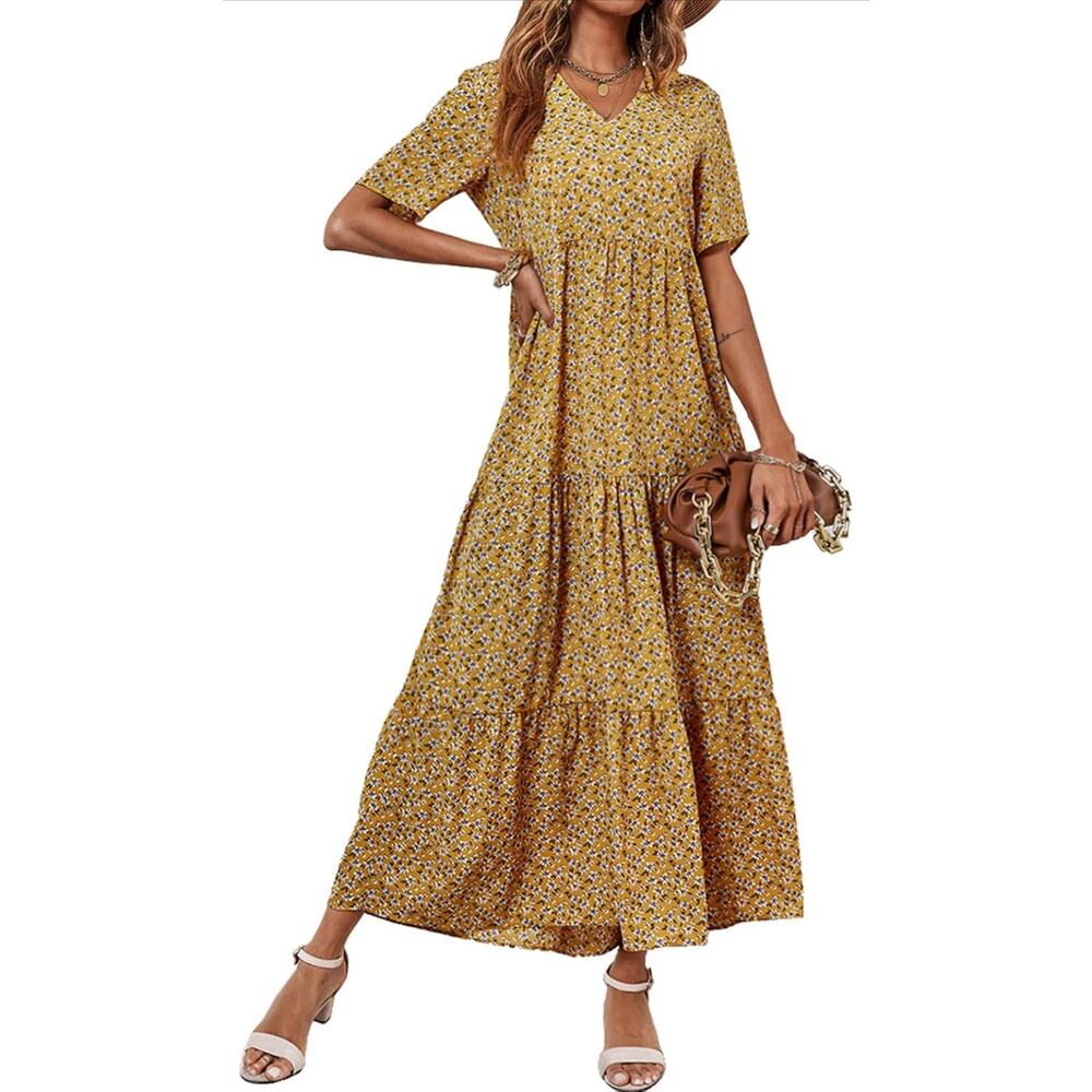 NEW Women's Large Tiered Maxi Dress V Neck Swing Short Sleeve $48